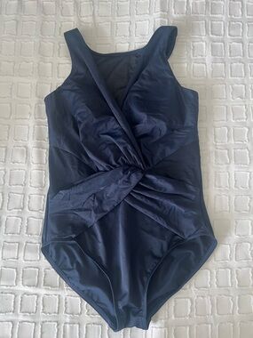 Miraclesuit Palma Navy Blue Mesh Illusionist Slimming One Piece Swimsuit Sz 16